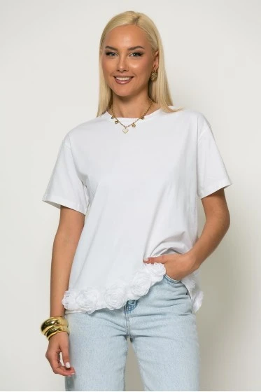 T-shirt με τούλινα λουλούδια στο τελείωμα λευκό