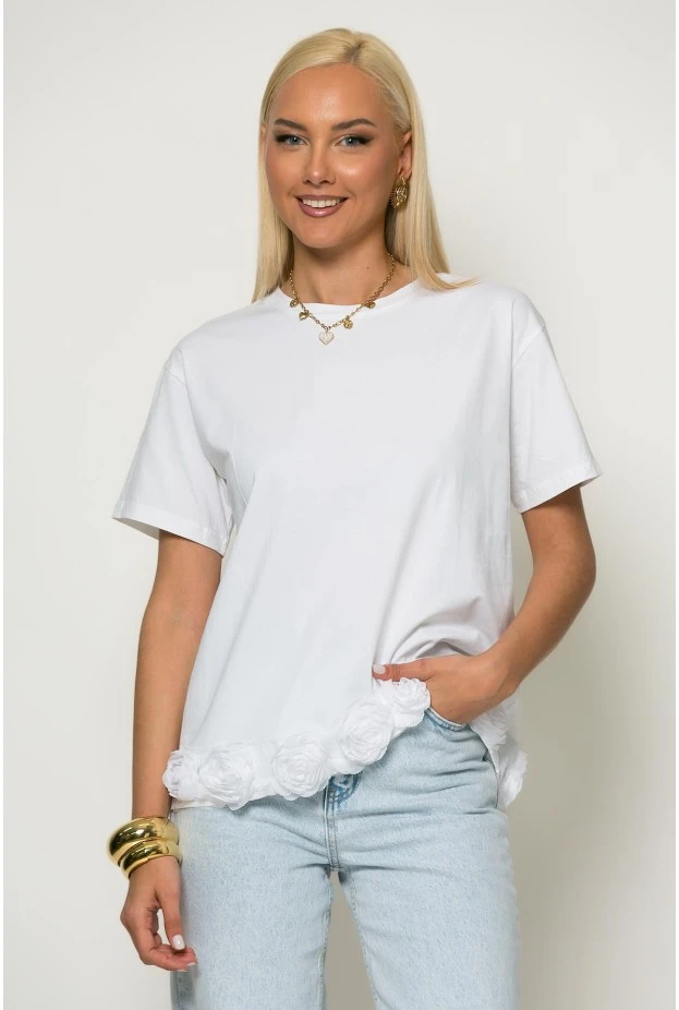 T-shirt με τούλινα λουλούδια στο τελείωμα λευκό
