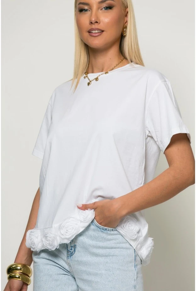 T-shirt με τούλινα λουλούδια στο τελείωμα λευκό