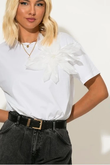 T-shirt με τούλινο λουλούδι λευκό