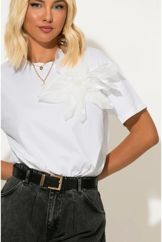 T-shirt με τούλινο λουλούδι λευκό