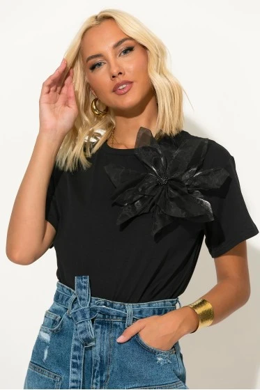 T-shirt με τούλινο λουλούδι κίτρινο