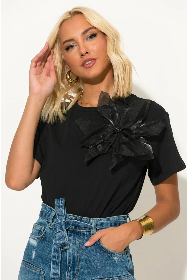 T-shirt με τούλινο λουλούδι μαύρο