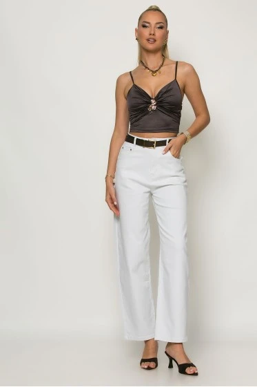 Crop top σατινέ με ρυθμιζόμενη τιράντα και αγκράφα στο στήθος καφέ