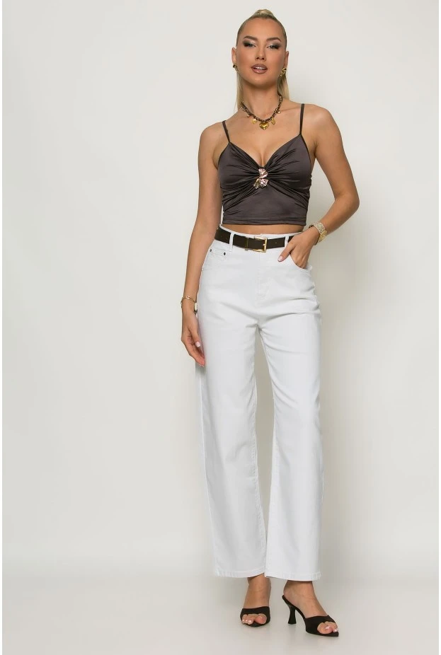 Crop top σατινέ με ρυθμιζόμενη τιράντα και αγκράφα στο στήθος καφέ