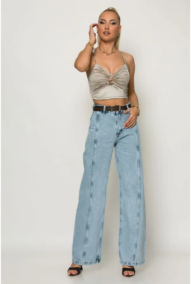 Crop top σατινέ με ρυθμιζόμενη τιράντα και αγκράφα στο στήθος μπεζ
