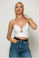 Crop top σατινέ με ρυθμιζόμενη τιράντα και αγκράφα στο στήθος λευκό