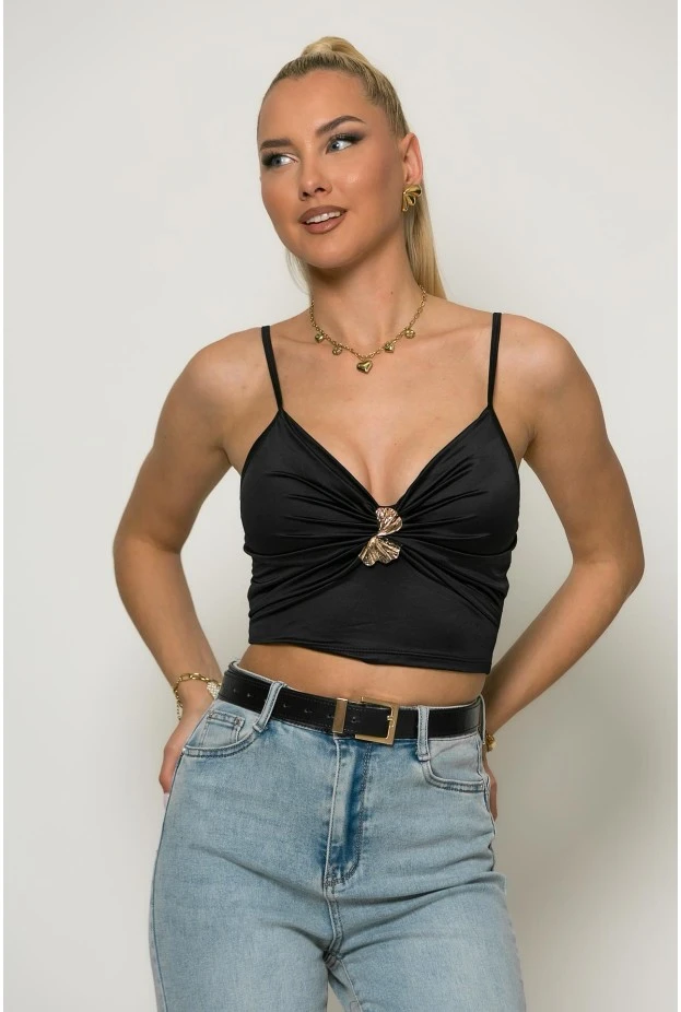 Crop top σατινέ με ρυθμιζόμενη τιράντα και αγκράφα στο στήθος μα΄ύρο