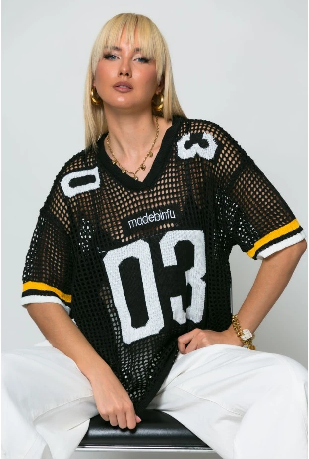 Oversized μπλούζα διάτρητη με ρίγες μαύρο