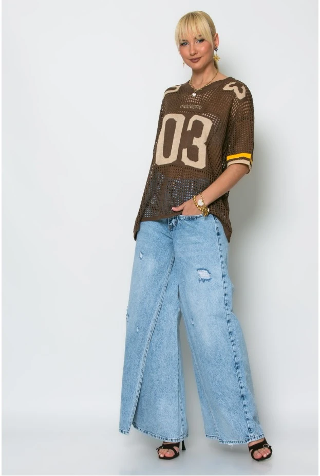 Oversized μπλούζα διάτρητη με ρίγες καφέ