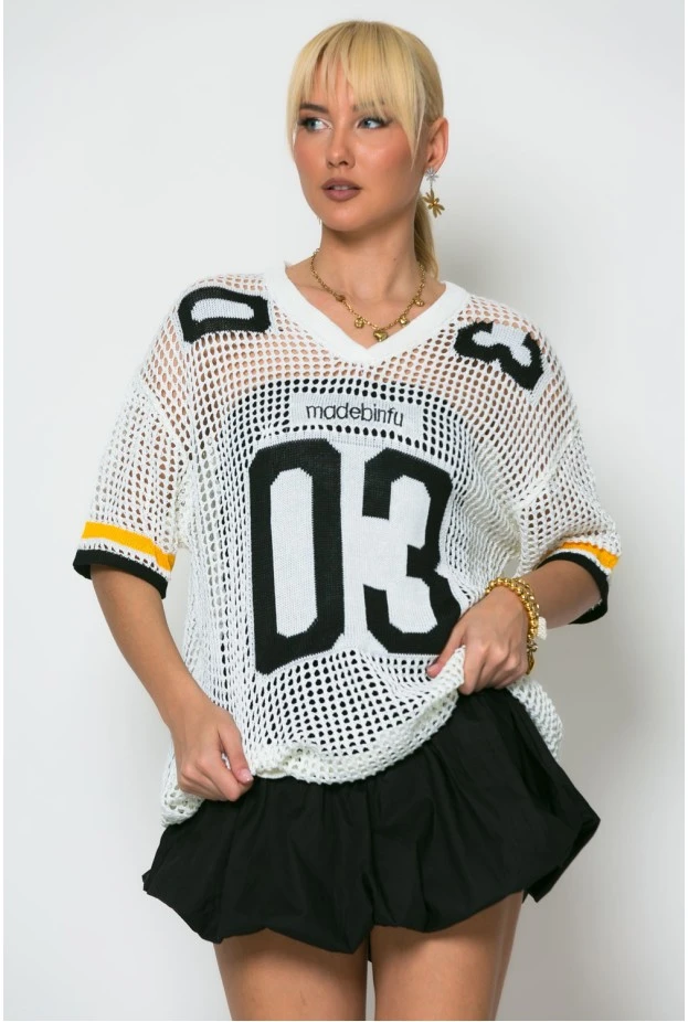 Oversized μπλούζα διάτρητη με ρίγες λευκό