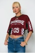 Cropped sport t-shirt με στάμπα με κορδόνια στο πλάι μπορντό
