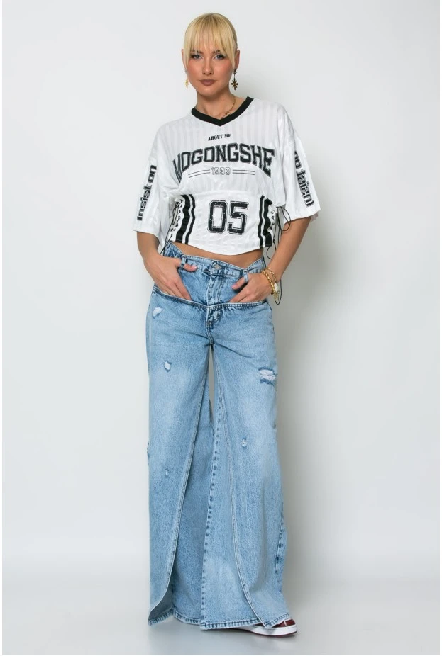 Cropped sport t-shirt με στάμπα με κορδόνια στο πλάι λευκό