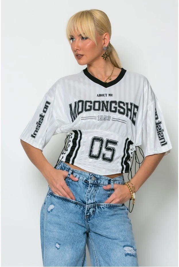 Cropped sport t-shirt με στάμπα με κορδόνια στο πλάι λευκό