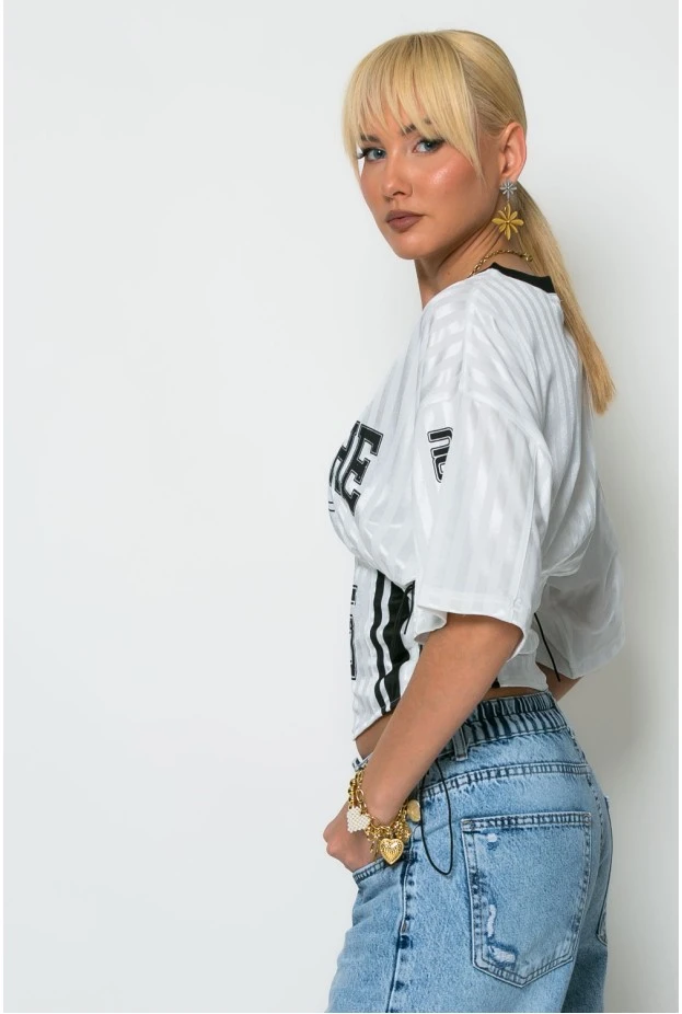 Cropped sport t-shirt με στάμπα με κορδόνια στο πλάι λευκό