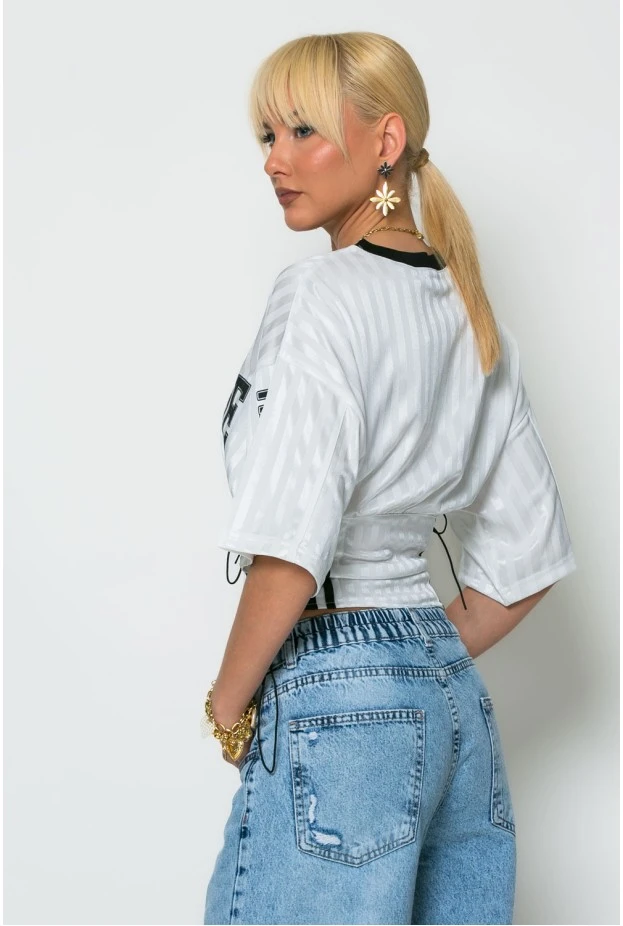 Cropped sport t-shirt με στάμπα με κορδόνια στο πλάι λευκό