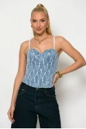Κορσές jean floral με αποσπώμενη τιράντα μπλε