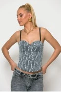 Κορσές jean floral με αποσπώμενη τιράντα μαύρο