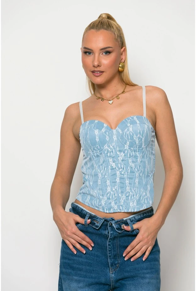 Κορσές jean floral με αποσπώμενη τιράντα σιέλ