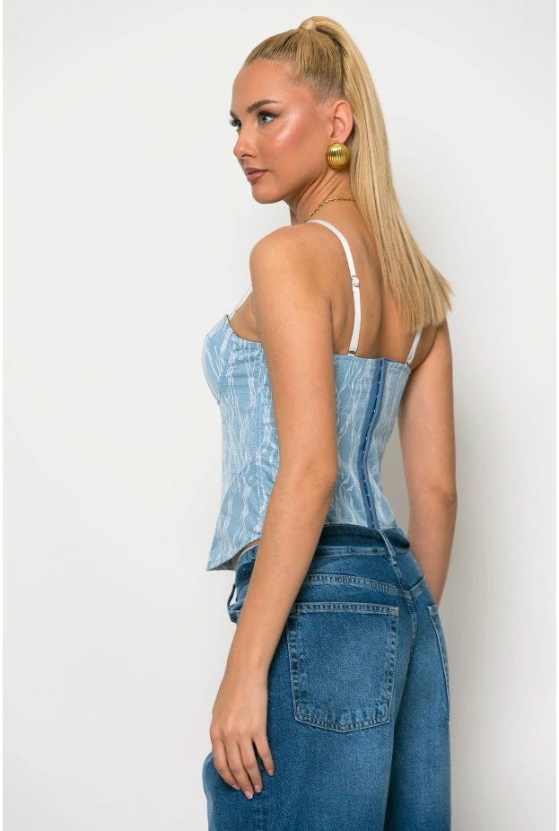 Κορσές jean floral με αποσπώμενη τιράντα σιέλ