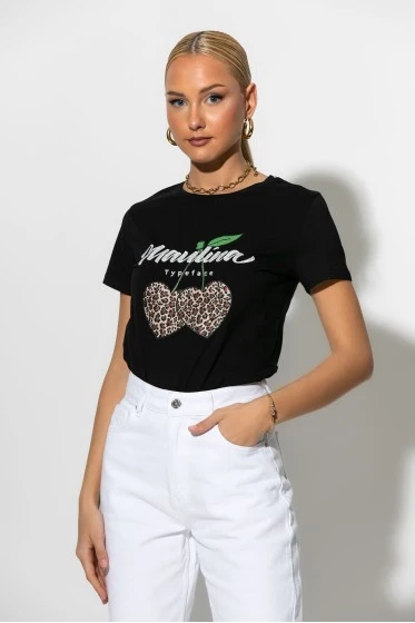 T-shirt με στάμπα και στρας λεοπαρ cherry's μαύρο-μπεζ