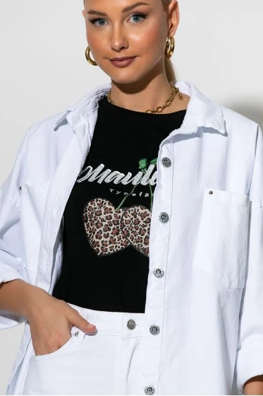 T-shirt με στάμπα και στρας λεοπαρ cherry's μαύρο-μπεζ