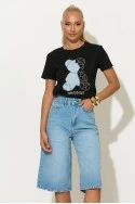 T-shirt με patch bear και στρας μαύρο-σιέλ