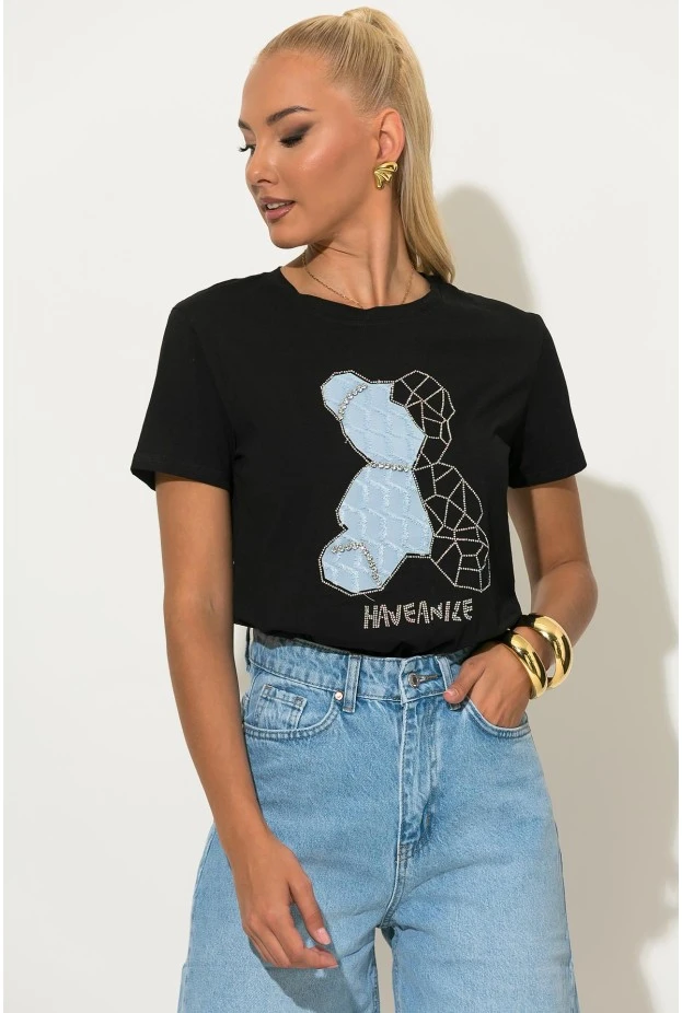 T-shirt με patch bear και στρας μαύρο-σιέλ