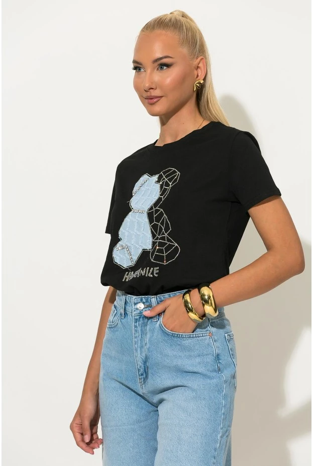 T-shirt με patch bear και στρας μαύρο-σιέλ