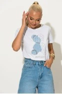 T-shirt με patch bear και στρας λευκό-σιέλ
