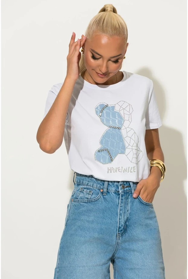 T-shirt με patch bear και στρας λευκό-σιέλ