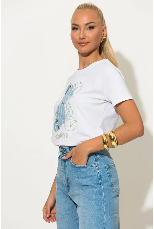T-shirt με patch bear και στρας λευκό-σιέλ