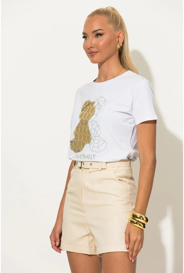 T-shirt με patch bear και στρας λευκό-χρυσό