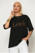 Oversized t-shirt με λεπτομέρεια στον λαιμό και patch look μαύρο