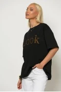 Oversized t-shirt με λεπτομέρεια στον λαιμό και patch look μαύρο