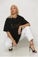 Oversized t-shirt με λεπτομέρεια στον λαιμό και patch look μαύρο