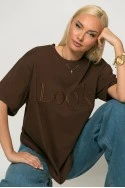 Oversized t-shirt με λεπτομέρεια στον λαιμό και patch look καφέ