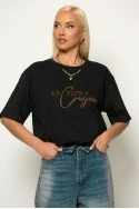 Oversized t-shirt με λεπτομέρεια αλυσίδα στην λαιμόκοψη και patch seja forte μαύρο