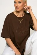 Oversized t-shirt με λεπτομέρεια αλυσίδα στην λαιμόκοψη και patch seja forte καφέ