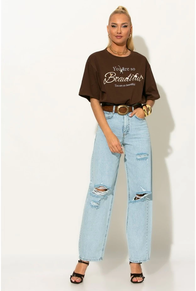 Oversized t-shirt με patch beautiful καφέ