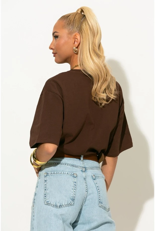 Oversized t-shirt με patch beautiful καφέ