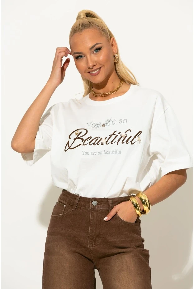 Oversized t-shirt με patch beautiful λευκό