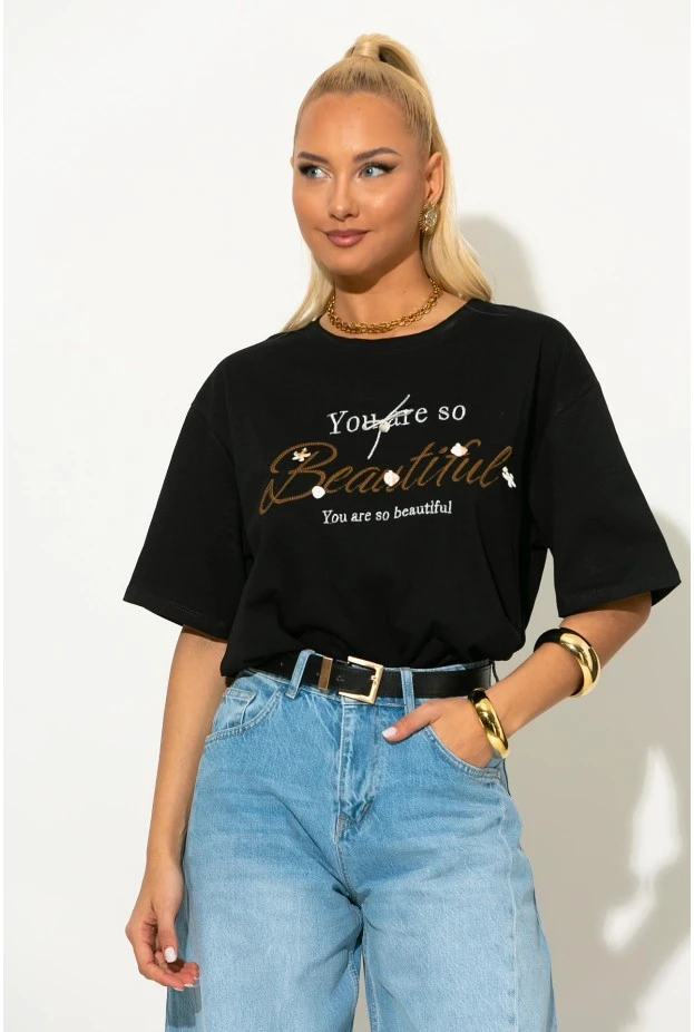Oversized t-shirt με patch beautiful μαύρο