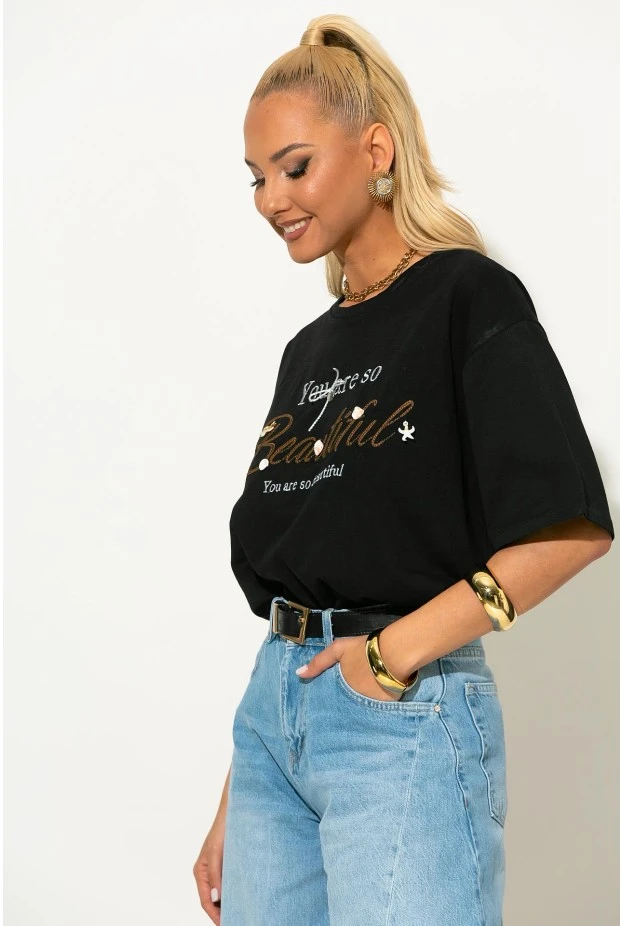 Oversized t-shirt με patch beautiful μαύρο