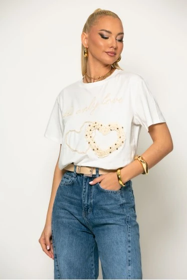 T-Shirt με κέντημα only love λευκό-μπεζ
