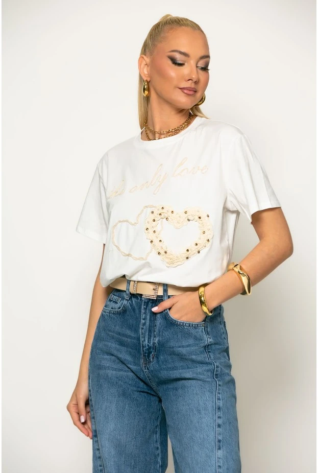 T-Shirt με κέντημα only love λευκό-μπεζ