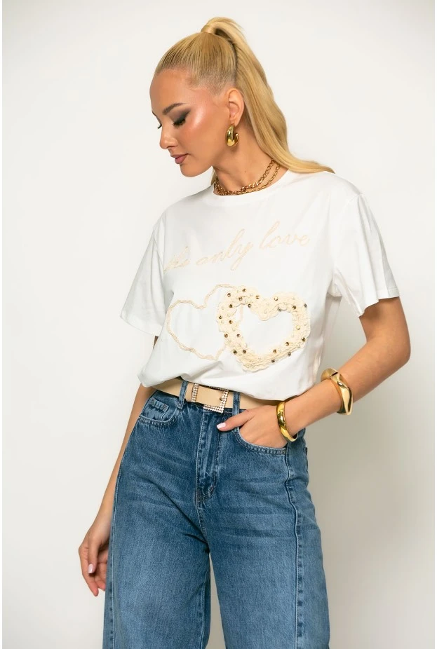 T-Shirt με κέντημα only love λευκό-μπεζ