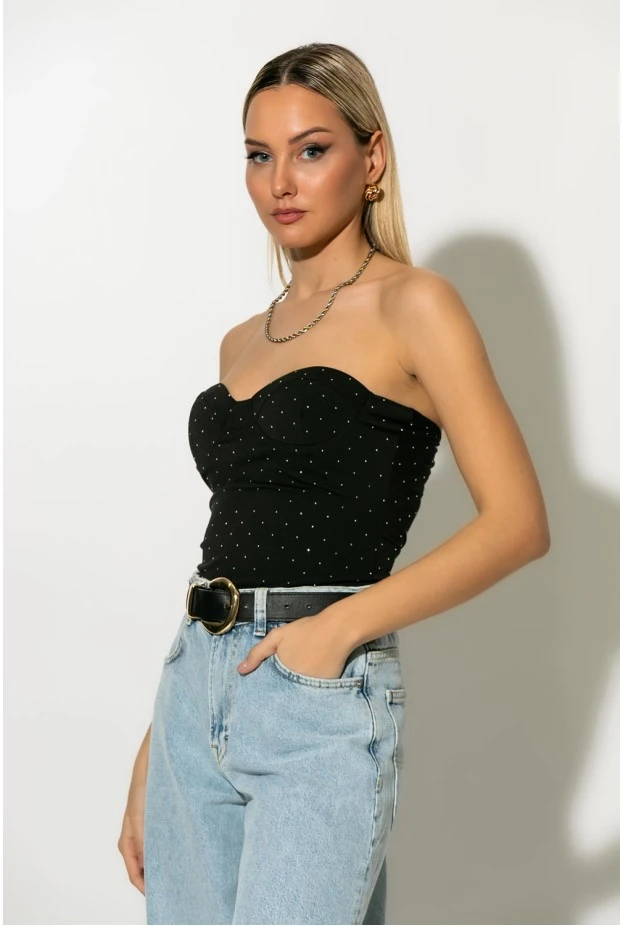 Κορμάκι στράπλες με cups και στρας μαύρο