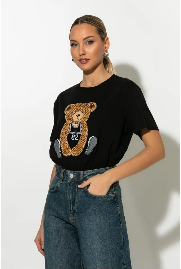 Μπλούζα κοντομάνικη με pach teddy bear μαύρο