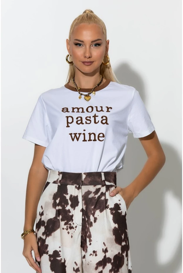 Μπλούζα με patch amour,pasta,wine λευκό-καφέ